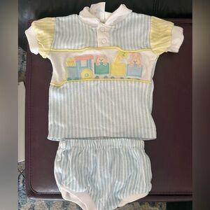 Vintage 1980/90s Striped Baby Outfit with Train Design 2 piece 0-6 months